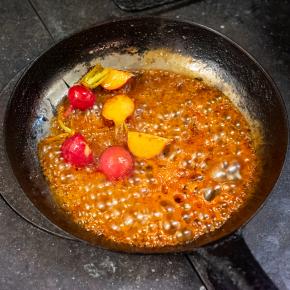 Radishes frying in citrus